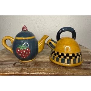Vtg Sakura Debbie Mumm Teapot Tea Kettle Salt and Pepper Shakers Hand Painted